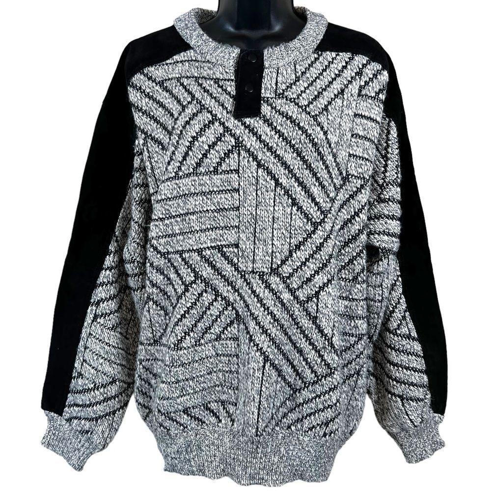 Vintage Juice Leather & Acrylic Knit Geometric Print Grandpa Sweater